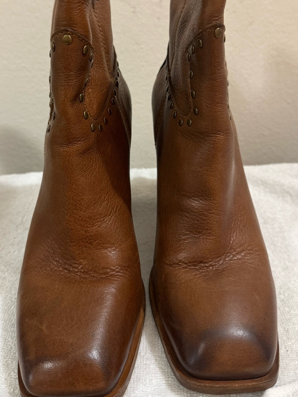 PAIGE Cognac Leather Studded Ankle Booties